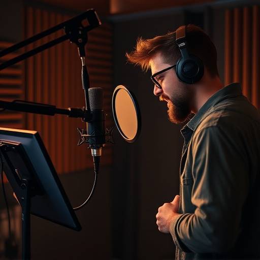A sound engineer recording a vocalist in a vocal booth.