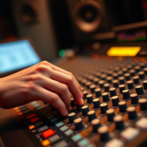 Close-up of a mixing console with hands adjusting levels.
